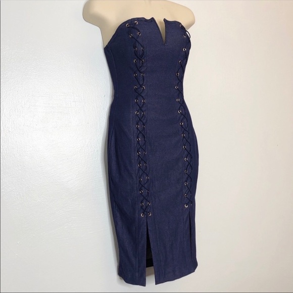 Entry dark wash “denim” lace up bodycon dress S - Picture 2 of 7